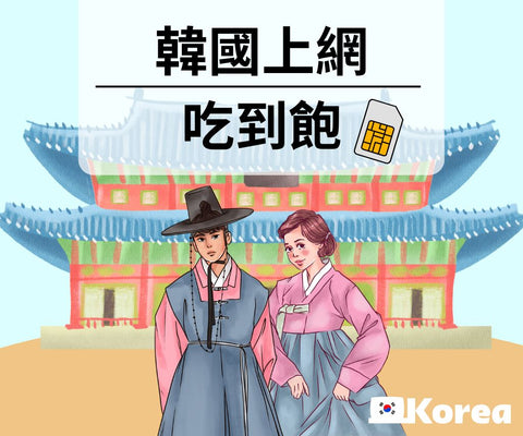 韓國景福宮的圖片上面有穿著韓服的一對男女用來表示韓國上網吃到飽